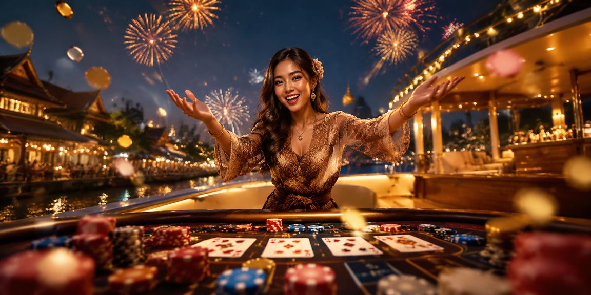 Suasana festival taruhan dengan meja permainan dan pencahayaan meriah