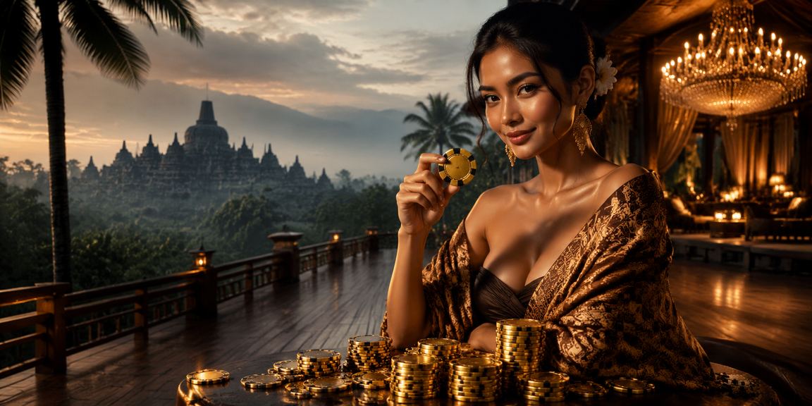 Model berpose di depan layar kasino dengan ekspresi percaya diri dan antusias