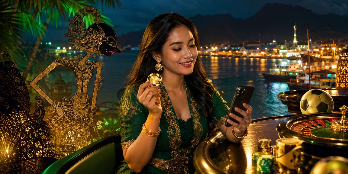 Seseorang menikmati permainan kasino mobile di tengah suasana festival yang meriah