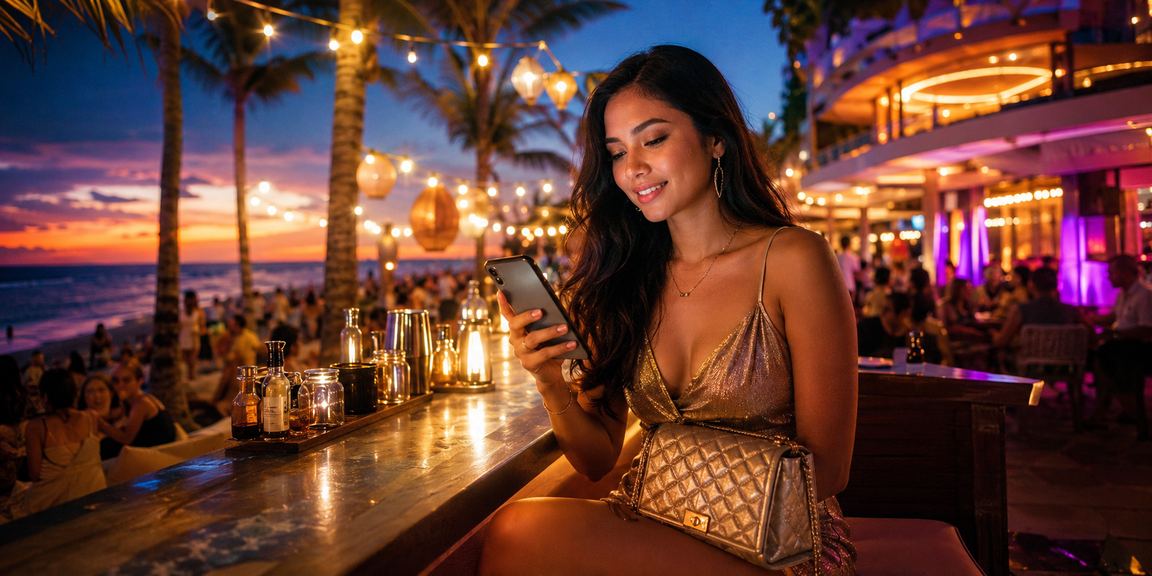 Pengguna mengakses platform kasino mobile di tepi pantai dengan nuansa santai