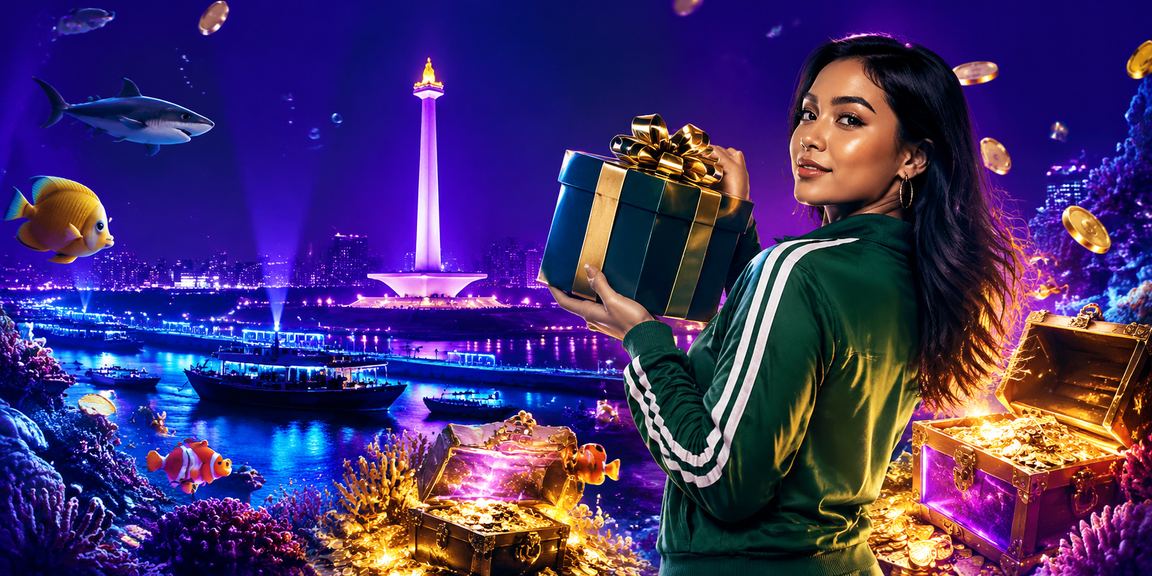 Tampilan permainan tembak ikan dengan efek cahaya neon warna-warni yang mencolok